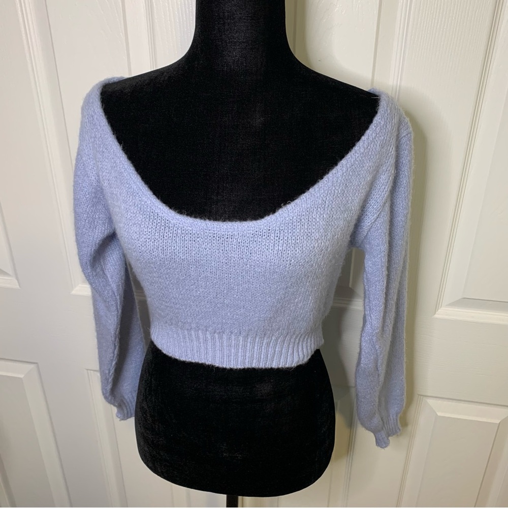 Soft Baby Blue Cropped Wide Shoulders Sweater - Picture 2 of 4